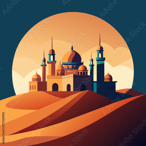 Desert oasis mosque silhouette against a warm sunset sky