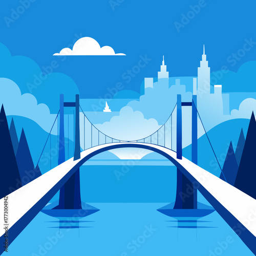 Modern suspension bridge spans water under blue sky with city skyline