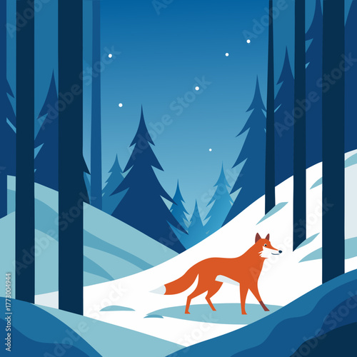 A lone fox navigates a snowy forest under a starry night sky