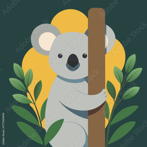Cute cartoon koala hugging a tree trunk with green leaves and yellow sun