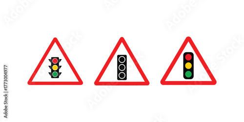 Three triangular road signs depicting different traffic light signals and symbols on a white background