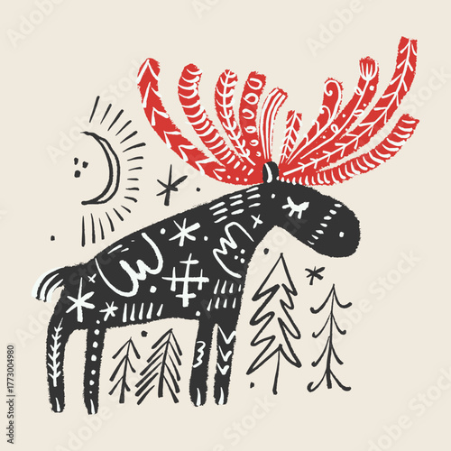 Boho tribal celestial ornate moose character vector hand drawn illustration. Modern folk patterned Norwegian woodland fauna with horns north animal in Scandinavian style. Floral Slovak ornamental