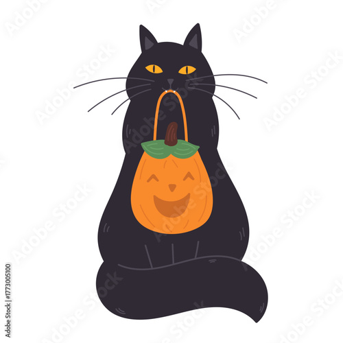 Halloween black cat holding funny pumpkin bag in mouth in flat cartoon design. Cute pet with seasonal bag for trick or treat event celebration. Autumn october holiday. Vector illustration isolated.