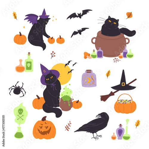 Halloween holiday set in flat cartoon design. Bundle of cute black cats with pumpkin, holiday costumes with witch hat or vampire wings, cauldron, potions, crow, more. Vector illustration isolated.
