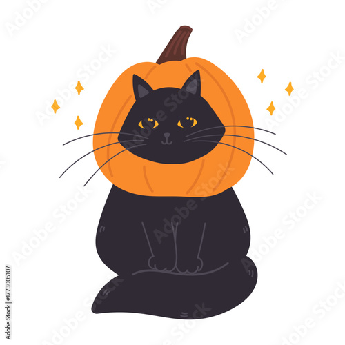 Halloween black cat wearing orange pumpkin mask on head in flat cartoon design. Cute pet with seasonal masquerade costume for autumn october holiday, celebration decor. Vector illustration isolated.