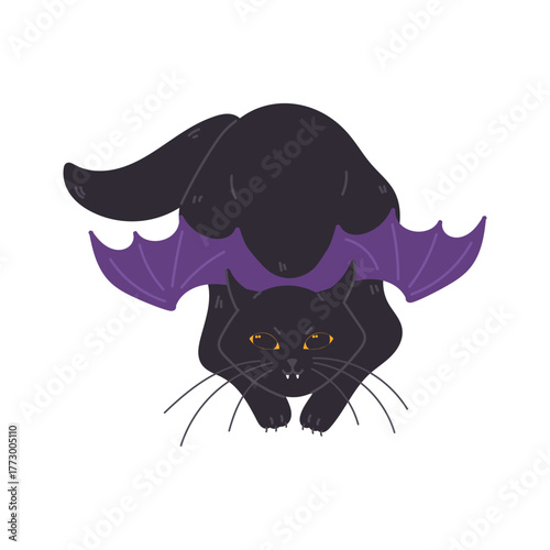 Halloween black cat wearing purple vampire wings and hunting in flat cartoon design. Cute pet with seasonal masquerade costume for autumn october holiday celebration. Vector illustration isolated.