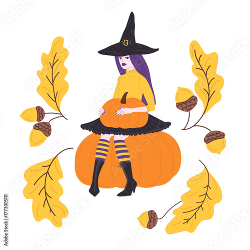 Halloween young witch sitting on big pumpkin and holding pumpkin in flat cartoon design. Woman in carnival costume for autumn october holiday, decor with oak leaves. Vector illustration isolated.