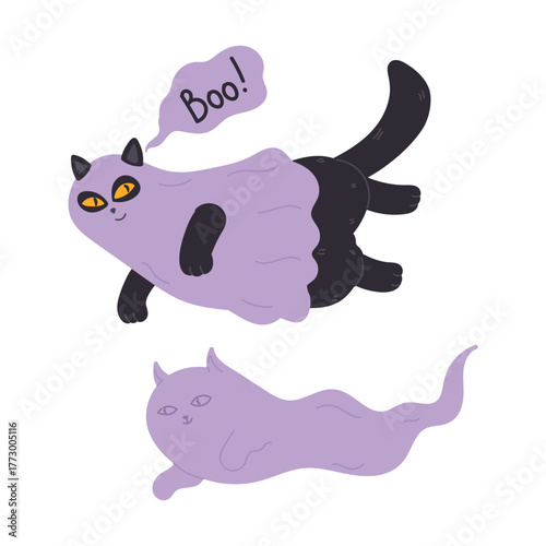 Halloween black cat in costume flying with kitten ghost and scaring others in flat cartoon design. Cute pet wearing purple costume for autumn october holiday celebration. Vector illustration isolated.