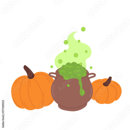 Halloween witch cauldron with boiling green potion with poison smoke near orange pumpkins in flat cartoon design. Autumn holiday celebration magician pot and witchcraft. Vector illustration isolated.