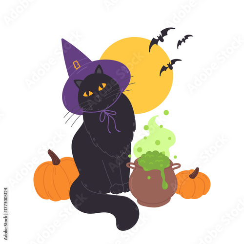 Halloween black cat in sorcerer hat sitting by witch cauldron, making potions in flat cartoon design. Cute pet wearing purple costume for autumn holiday with pumpkins. Vector illustration isolated.