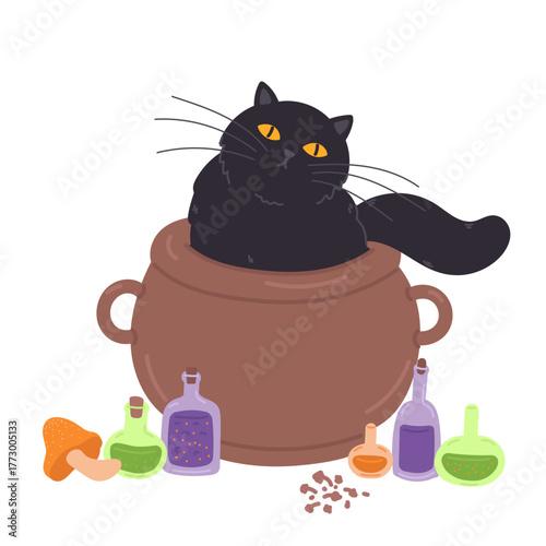 Halloween black cat sitting in witch cauldron by potion or poison bottles and mushroom in flat cartoon design. Autumn holiday celebration magician pot and witchcraft. Vector illustration isolated.