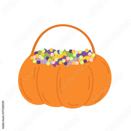Halloween pumpkin basket with candies, dragee and toffees in flat cartoon design. Autumn holiday celebration decoration. October trick or treat symbol for festive event. Vector illustration isolated.