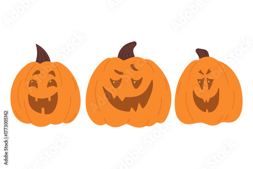 Halloween pumpkins with different facial expressions in flat cartoon design. Autumn holiday celebration creepy carving lanterns with playful, smile or laughing emotions. Vector illustration isolated.