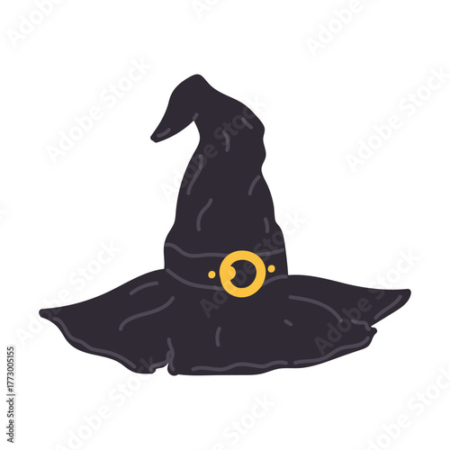 Halloween witch hat in flat cartoon design. Autumn holiday celebration creepy symbol and accessory. Traditional magician headdress with pointy shaped and golden buckle. Vector illustration isolated.