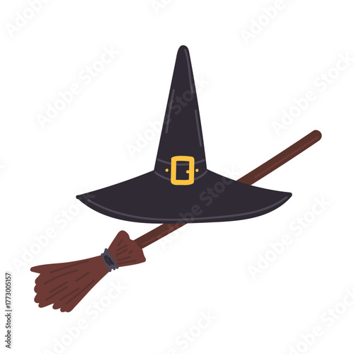 Halloween witch hat and broom in flat cartoon design. Autumn holiday celebration creepy symbol. Magician headdress with pointy shaped and golden buckle and broomstick. Vector illustration isolated.