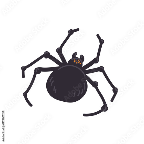 Halloween black abstract spider in flat cartoon design. Autumn holiday celebration creepy symbol, mystery and mythology arachnid character. Danger and poisonous bug. Vector illustration isolated.