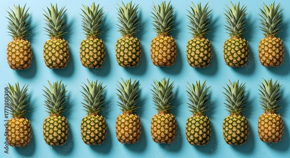 Fototapeta premium Fresh pineapple fruit pattern background tropical summer food healthy eating vibrant color photo studio shot