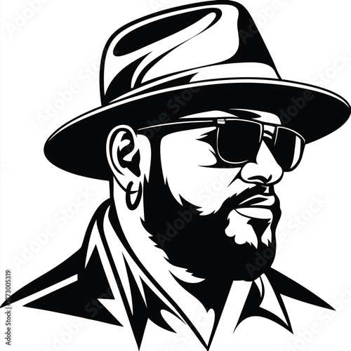 Bearded stylish man with hat and sunglasses features bold black and white illustration