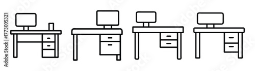 Modern office desk furniture outline vector illustration set for interior design and decor use