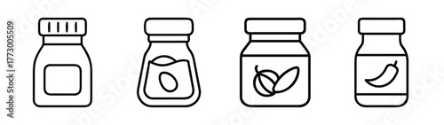 Outline condiment bottles vector art: ketchup, mustard, hot sauce, mayonnaise, dressing line art