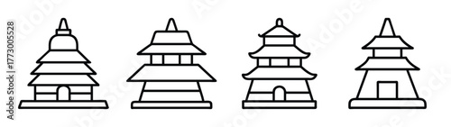 Collection of pagoda tower vector illustrations asian architecture outline drawing design elements set for graphics projects