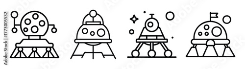 Collection of hand drawn lunar lander vector illustration, space exploration and science art