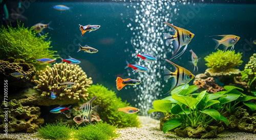 Aquarium fish tank with angelfish neon tetras guppies and plants for home decor and pet care enthusiasts