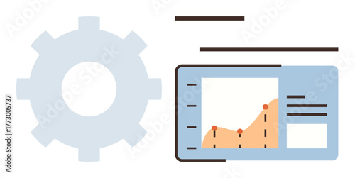 Gear beside analytics dashboard displaying a chart with increasing trend points. Ideal for data management, technical processes, strategy, productivity, innovation, business growth, and technology
