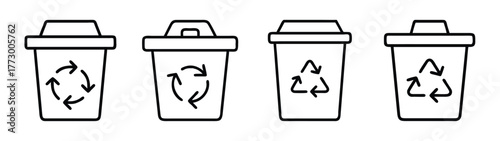 Recycling bin vector set, recycle symbol illustration for waste management and eco friendly lifestyle