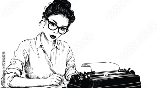 Focused woman with glasses using vintage typewriter on desk with paper