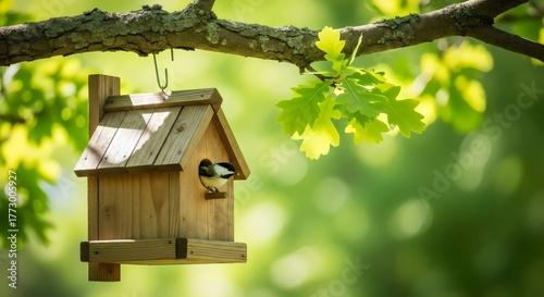 Wooden birdhouse close-up on tree branch for backyard wildlife and biodiversity concept