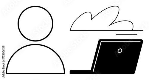 Abstract user figure, cloud, and laptop emphasizing connectivity, cloud storage, remote work, and technology. Ideal for IT, business, freelancing innovation online learning communication simple