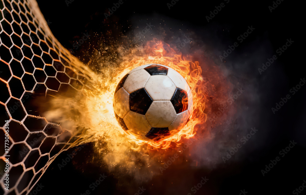 Naklejka premium Dynamic soccer ball bursting through goal net with explosive flames at night. High-energy sports action captures intensity and power. Ideal for athletic competition and victory concepts. 