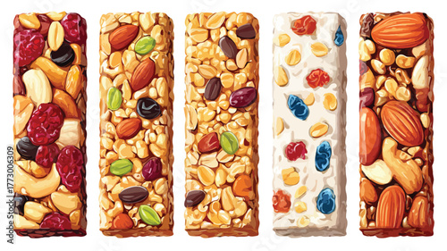 Assorted Granola Bars Set for Healthy Snacking Vector Illustration
