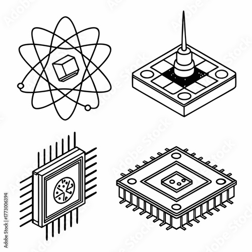 Microchip and atom isolated on white