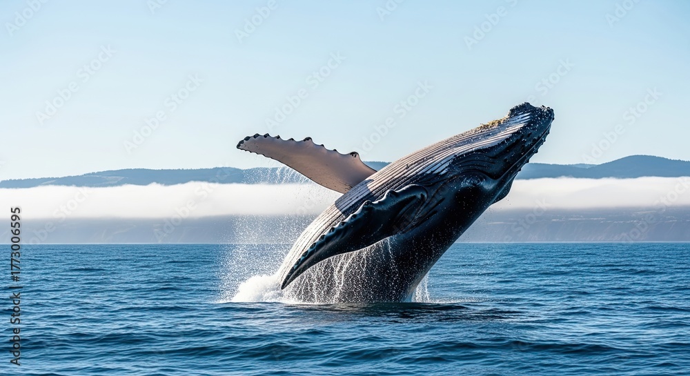 Fototapeta premium Humpback whale breaching from the ocean surface against a backdrop of distant mountains