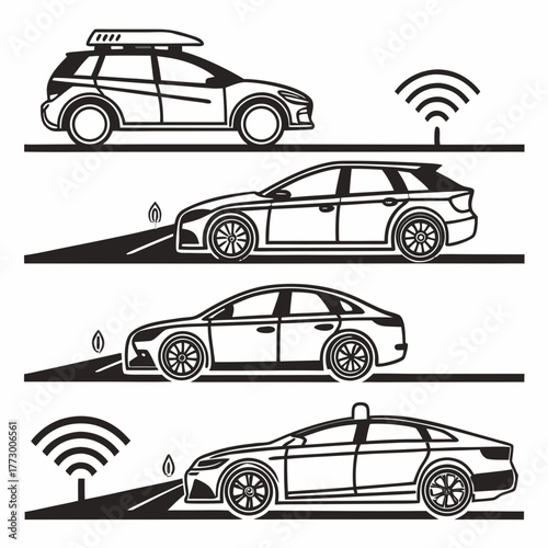 Set of autonomous vehicle line art