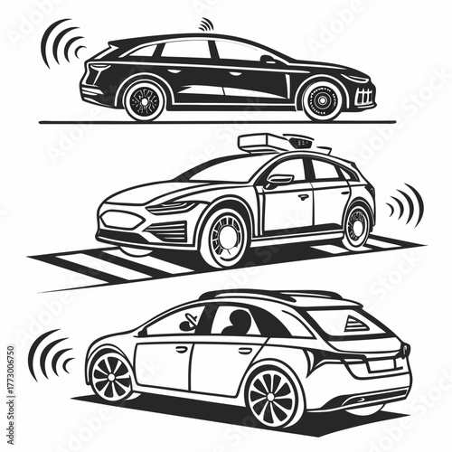 Three self driving cars isolated
