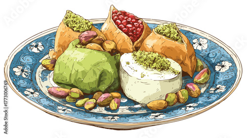 Exquisite Middle Eastern Desserts Featuring Pistachios on Turkish Plate
