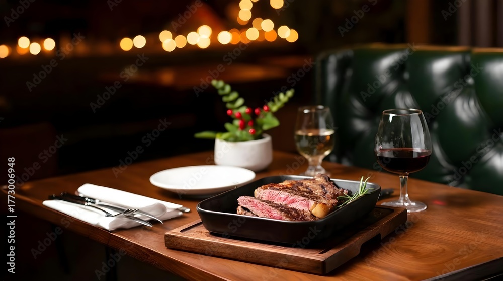 Naklejka premium Fine steak dinner in restaurant