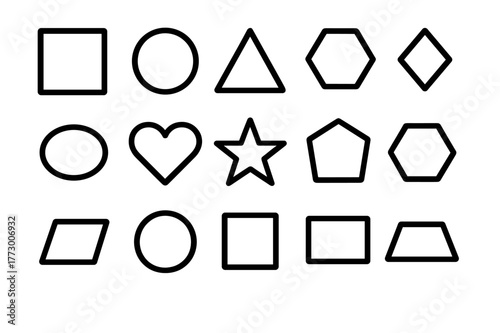 Different geometric shapes in black outline on a white background arranged in rows for educational purposes