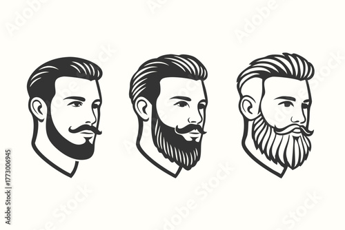 Black and white portrait reveals three different hipster men with varied beard styles