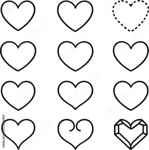 Different styles of heart shapes for decoration or crafting projects created on a simple background