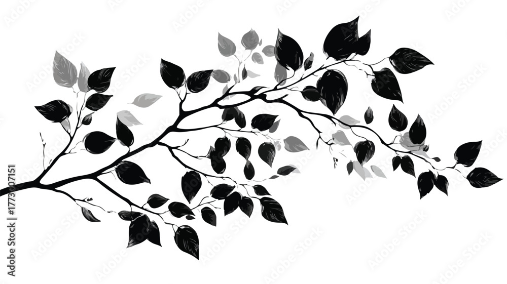 Naklejka premium Elegant Black Tree Branch with Leaf on White Background Vector
