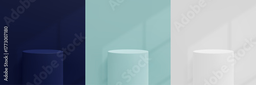 Set of scene with navy blue, mint, white circle pedestal and window shadow overlay. Empty space for cosmetic product. Minimal mockup display with podium. Realistic vector illustration