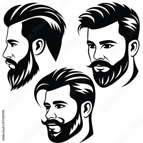 Black and white portraits of men showcasing various hairstyles and beards appear bold