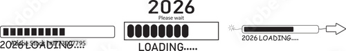 2026 loading bar doodle hand-drawn icon. loading  rocket screen displaying the year 2026. 2026 loading background vector illustration
