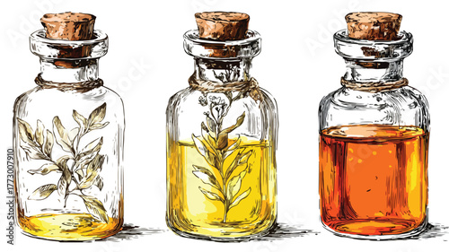 Organic Herbal Oil Poured in Glass Corked Jars Vector Illustration