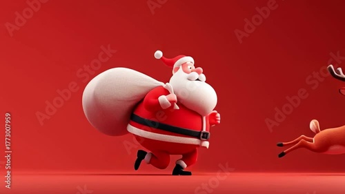 Funny fat Santa Claus runs after a deer on a plain red background, 3d animation. New Year's holiday. Santa Claus is in a hurry for the holiday. Santa Claus and his deer run forward to the new year