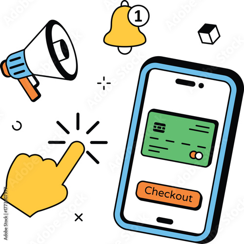 Mobile payment with credit card and notification isometric flat vector illustration